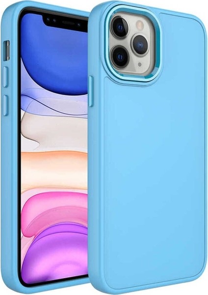 Apple iPhone 12 Pro Max Uyumlu Kılıf Metal Çerçeve ve Buton Tasarımlı Silikon Luna Kapak, Sierra Mavi