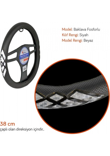 Direksiyon Kılıfı Fosforlu 38 cm Siyah (Baklava Beyaz) A-01 fiyatları