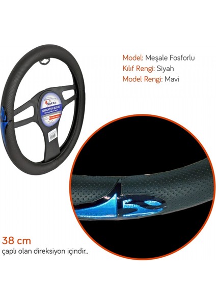Direksiyon Kılıfı Fosforlu 38 cm Siyah (Meşale Mavi) A-11