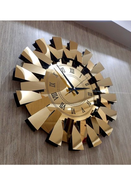 3 Boyutlu Aynalı Piyano Model Duvar Saati, Altın Renk, Roma Rakamlı, 52x52, Modern Stil