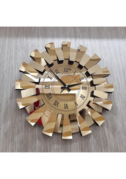 3 Boyutlu Aynalı Piyano Model Duvar Saati, Altın Renk, Roma Rakamlı, 52x52, Modern Stil