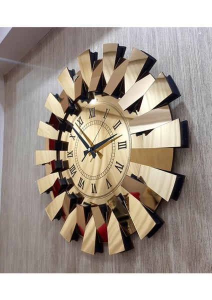 3 Boyutlu Aynalı Piyano Model Duvar Saati, Altın Renk, Roma Rakamlı, 52x52, Modern Stil