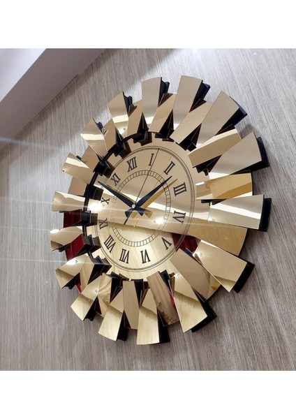 3 Boyutlu Aynalı Piyano Model Duvar Saati, Altın Renk, Roma Rakamlı, 52x52, Modern Stil