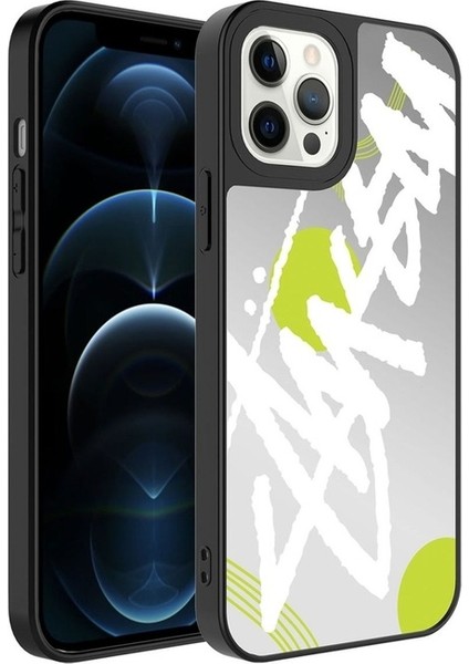 Apple iPhone 12 Pro Max Uyumlu Kılıf Aynalı Desenli Kamera Korumalı Parlak Mirror Kapak, Yazı