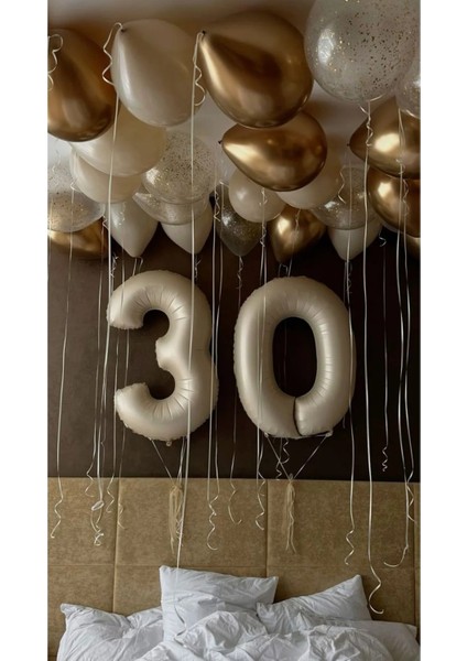30 Yaş Doğum Günü Konsept Doğum Günü Balon Krem Renk Beyaz Gold Şeffaf Renk Balon
