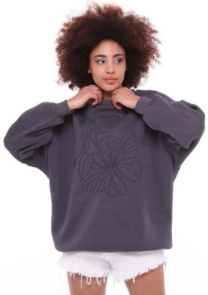 Fancy Kadın Bisiklet Yaka Nakış Desenli Pamuklu Yumuşacık Loose Fit Sweatshirt