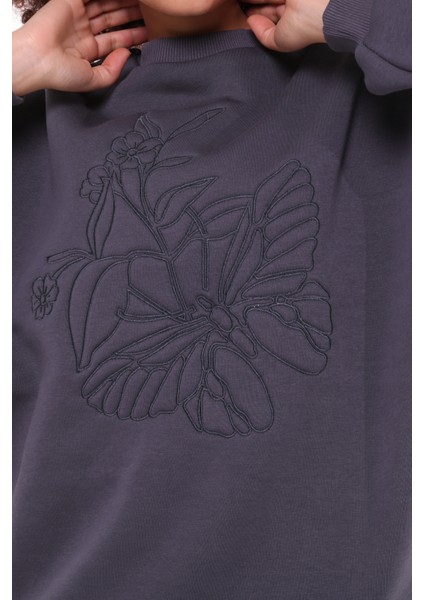 Fancy Kadın Bisiklet Yaka Nakış Desenli Pamuklu Yumuşacık Loose Fit Sweatshirt