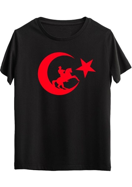 19 Mayıs 29 Ekim Ay-Yıldız Şahlanan At Baskılı Sıfır Yaka Kısa Kollu Tişört