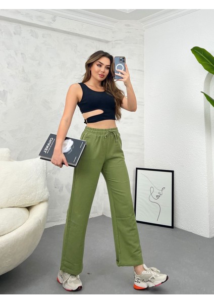Yüksek Bel Beli Lastikli Cepli Flamlı Keten Bol Paça Yazlık Pantolon Ket001