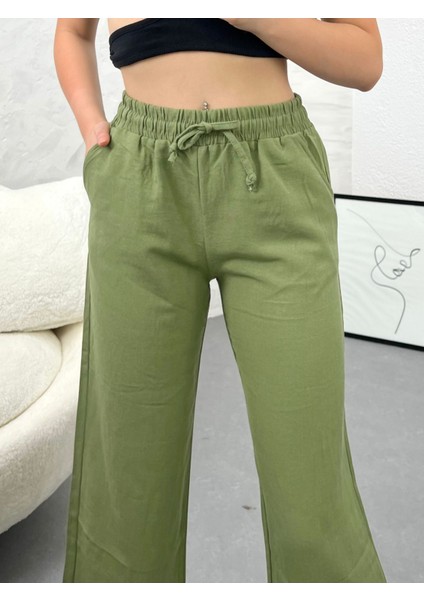 Yüksek Bel Beli Lastikli Cepli Flamlı Keten Bol Paça Yazlık Pantolon Ket001 modelleri