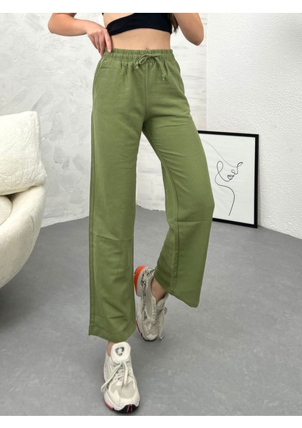 Yüksek Bel Beli Lastikli Cepli Flamlı Keten Bol Paça Yazlık Pantolon Ket001 fırsatları
