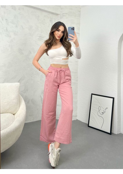 Yüksek Bel Beli Lastikli Cepli Flamlı Keten Bol Paça Yazlık Pantolon Ket001