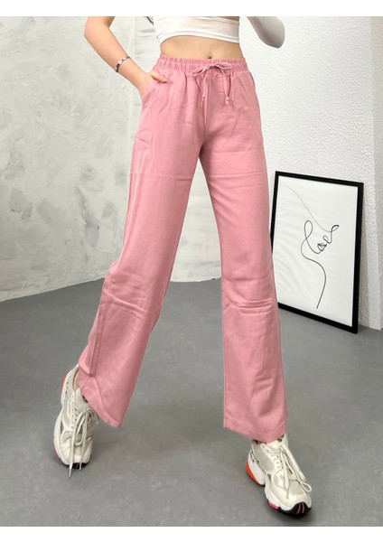 Yüksek Bel Beli Lastikli Cepli Flamlı Keten Bol Paça Yazlık Pantolon Ket001 fiyatları