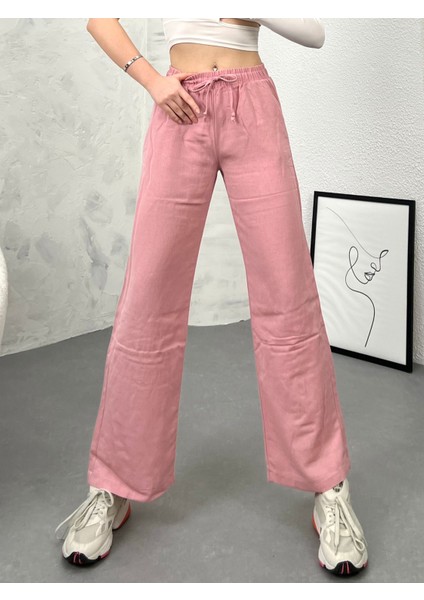 Yüksek Bel Beli Lastikli Cepli Flamlı Keten Bol Paça Yazlık Pantolon Ket001 modelleri