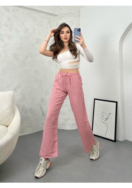 Yüksek Bel Beli Lastikli Cepli Flamlı Keten Bol Paça Yazlık Pantolon Ket001 fırsatları