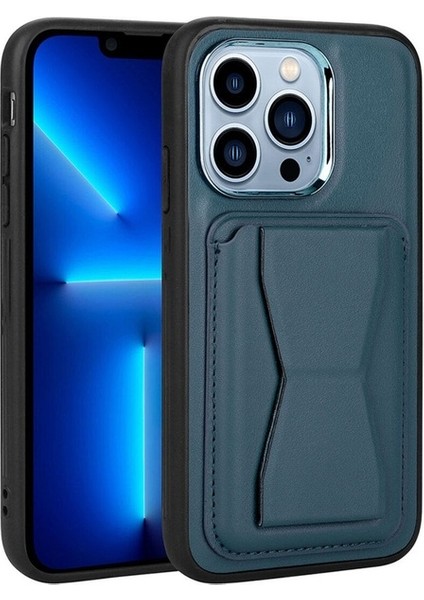 Apple iPhone 12 Pro Uyumlu Kılıf Kartlıklı Standlı Pu Deri Memo Kapak, Lacivert