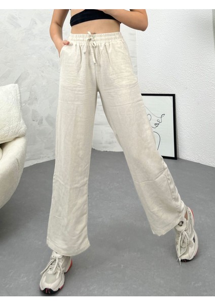 Yüksek Bel Beli Lastikli Cepli Flamlı Keten Bol Paça Yazlık Pantolon Ket001 modelleri