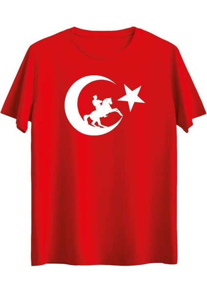 19 Mayıs 29 Ekim Ay-Yıldız Şahlanan At Baskılı Sıfır Yaka Kısa Kollu Tişört