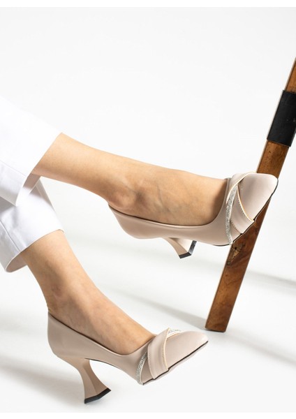 Kadın Şampanya Topuk Stiletto Şerit Taşlı 7 cm Günlük Kadın Abiye Topuklu Ayakkabı