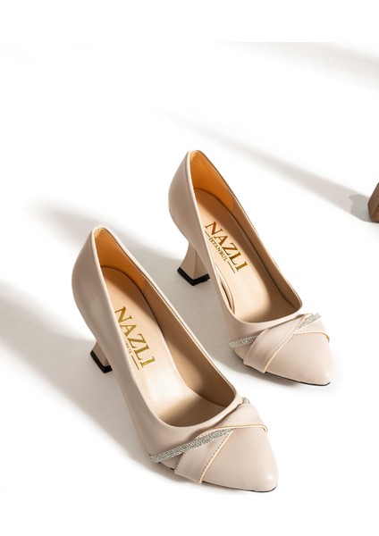 Kadın Şampanya Topuk Stiletto Şerit Taşlı 7 cm Günlük Kadın Abiye Topuklu Ayakkabı indirimleri