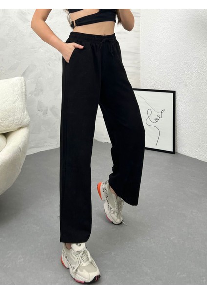 Yüksek Bel Beli Lastikli Cepli Flamlı Keten Bol Paça Yazlık Pantolon Ket001 fırsatları