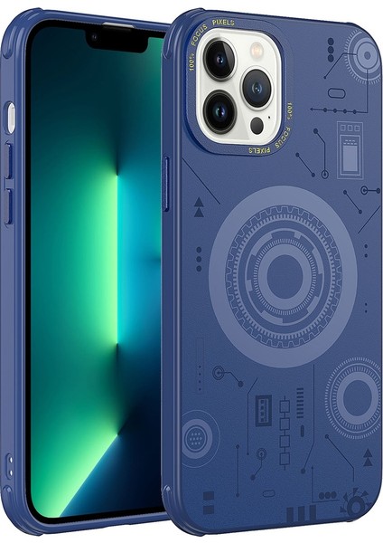 Apple iPhone 12 Pro Uyumlu Kılıf Wireless Şarj Özellikli Desenli Hot Kapak, Lacivert