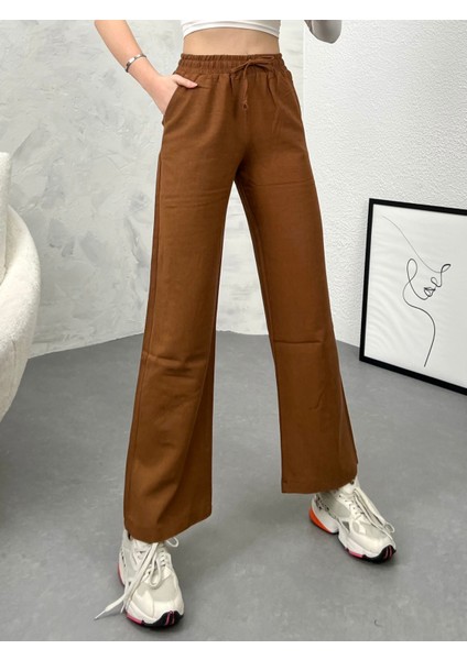 Yüksek Bel Beli Lastikli Cepli Flamlı Keten Bol Paça Yazlık Pantolon Ket001 modelleri