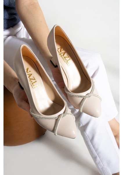 Kadın Şampanya Topuk Stiletto Çapraz Taşlı 7 cm Günlük Kadın Abiye Topuklu Ayakkabı fırsatları