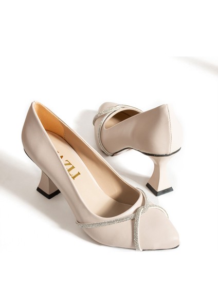 Kadın Şampanya Topuk Stiletto Çapraz Taşlı 7 cm Günlük Kadın Abiye Topuklu Ayakkabı indirimleri