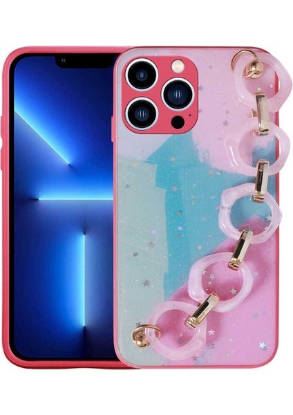 Apple iPhone 12 Pro Uyumlu Kılıf Simli Desenli El Askılı Tutacaklı Elsa Silikon Kapak, Pembe Koyu