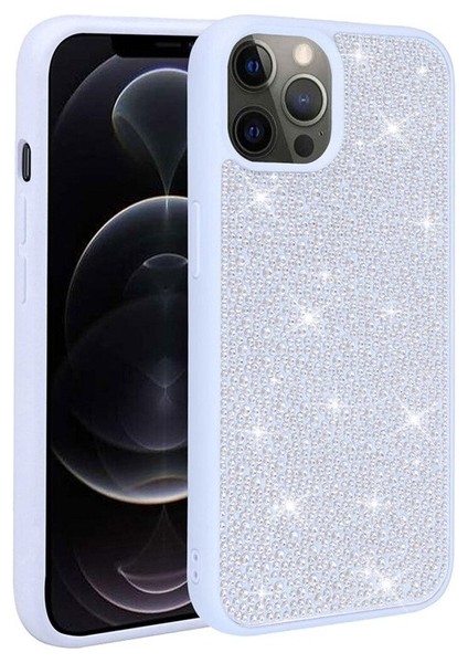 Apple iPhone 12 Pro Uyumlu Kılıf Parlak Taşlı Tasarım Ston Kapak, Mavi Açık