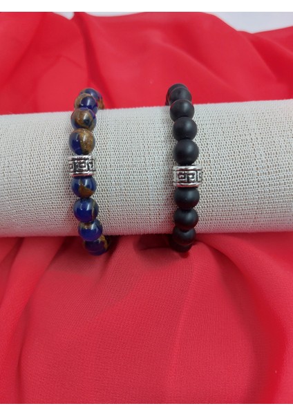 Lacivert Kahve Kantaşı + Siyah Oniks Doğaltaş Bileklik (2'li Takım 8 Mm)