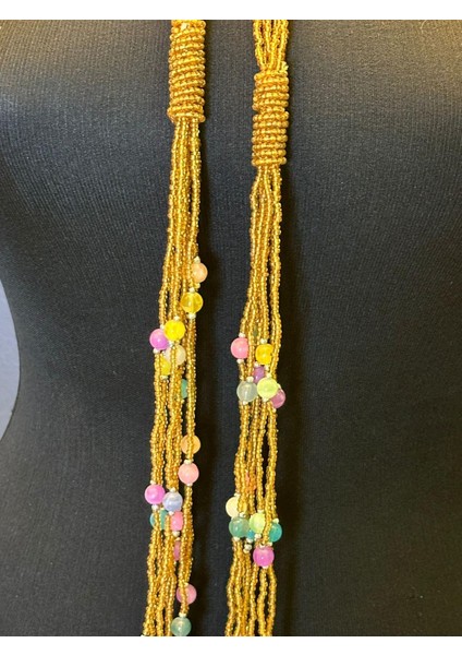 Boncuk ve Doğal Taşlı Uzun Tasarım Püsküllü Kadın Kolye Boy 150 cm