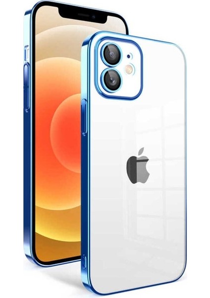 Apple iPhone 12 Uyumlu Kılıf Kamera Korumalı Renkli Çerçeveli Garaj Kapak, Saks Mavi