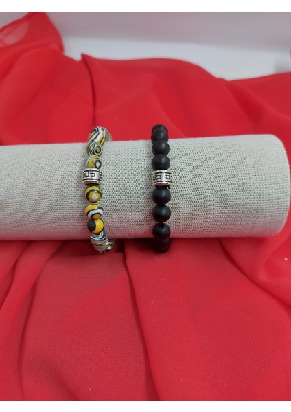 Jasper Çizgili + Siyah Oniks Doğaltaş Bileklik (2'li Takım 8 Mm)