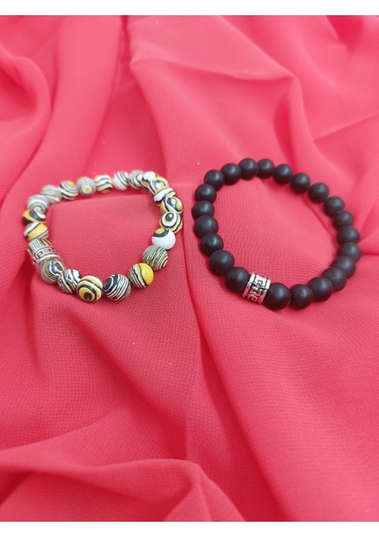 Jasper Çizgili + Siyah Oniks Doğaltaş Bileklik (2'li Takım 8 Mm) fiyatları
