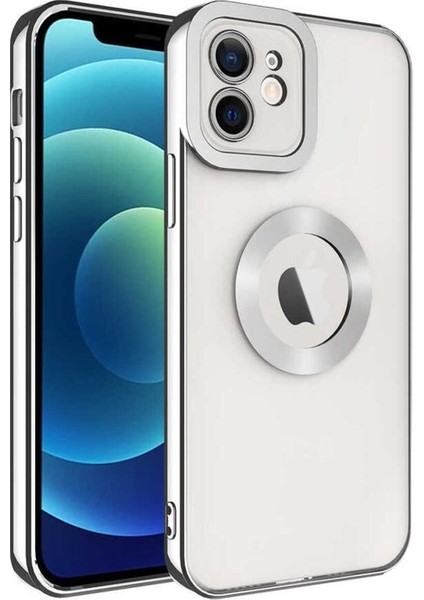 Apple iPhone 12 Uyumlu Kılıf Kamera Korumalı Logo Gösteren Omega Kapak, Gümüş