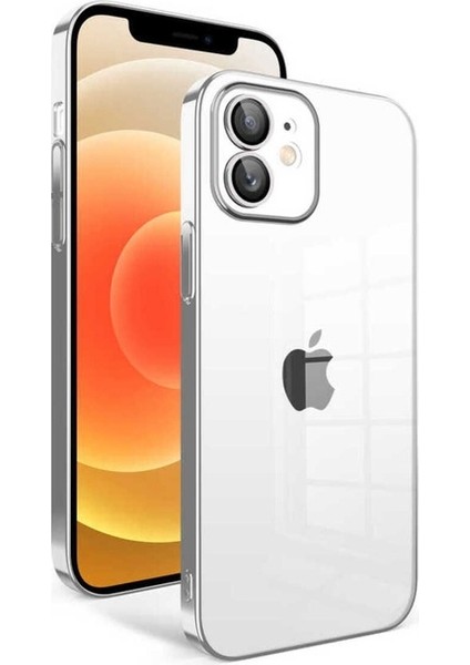 Apple iPhone 12 Uyumlu Kılıf Kamera Korumalı Renkli Çerçeveli Garaj Kapak, Gümüş