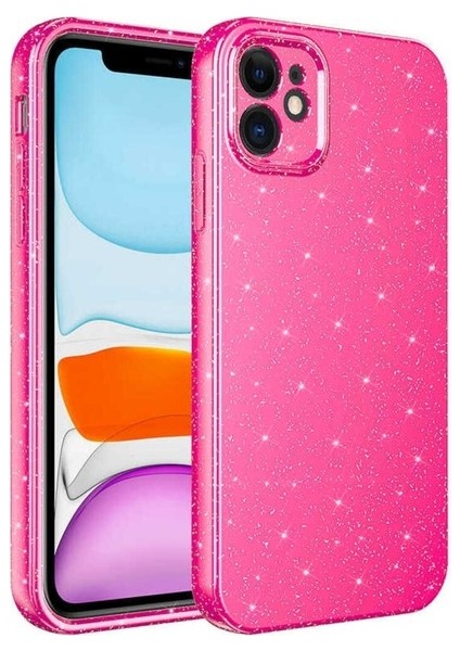 Apple iPhone 12 Uyumlu Kılıf Kamera Korumalı Simli Lüks Koton Kapak, Pembe Koyu