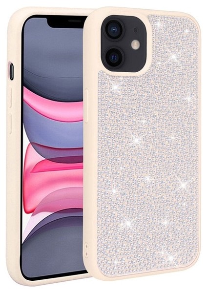 Apple iPhone 12 Uyumlu Kılıf Parlak Taşlı Tasarım Ston Kapak, Beyaz