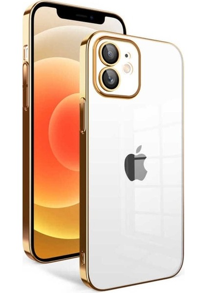 Apple iPhone 12 Uyumlu Kılıf Kamera Korumalı Renkli Çerçeveli Garaj Kapak, Gold
