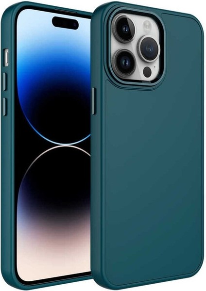 Apple iPhone 13 Pro Max Uyumlu Kılıf Metal Çerçeve ve Buton Tasarımlı Silikon Luna Kapak, Koyu Yeşil