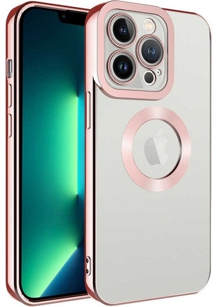 Apple iPhone 13 Pro Uyumlu Kılıf Kamera Korumalı Logo Gösteren Omega Kapak, Rose Gold