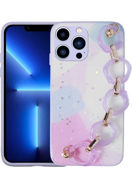 Apple iPhone 13 Pro Uyumlu Kılıf Simli Desenli El Askılı Tutacaklı Elsa Silikon Kapak, Lila
