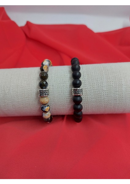 Turuncu-Siyah Fasetli Akik + Siyah Oniks Doğaltaş Bileklik (2'li Takım 8 Mm)