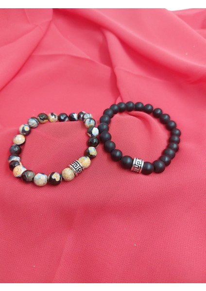 Turuncu-Siyah Fasetli Akik + Siyah Oniks Doğaltaş Bileklik (2'li Takım 8 Mm) fiyatları