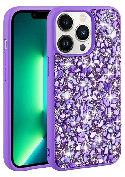 Apple iPhone 13 Pro Max Uyumlu Kılıf Parlak Taşlı Tasarım Linea Kapak, Mor