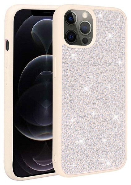 Apple iPhone 13 Pro Uyumlu Kılıf Parlak Taşlı Tasarım Ston Kapak, Beyaz