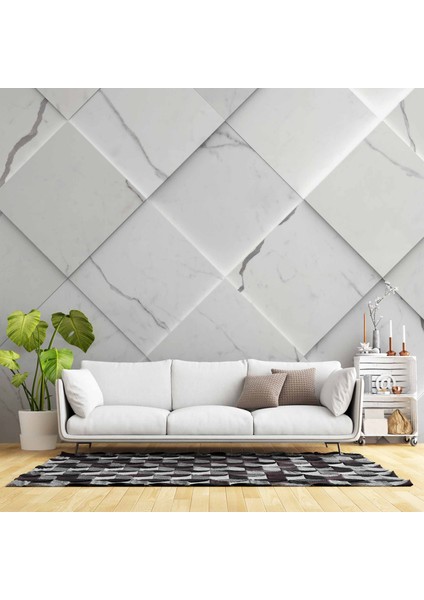 Beyaz Dörtgen Mermer Görünümlü Duvar Kağıdı Baskı