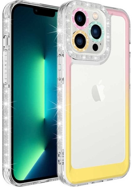 Apple iPhone 13 Pro Uyumlu Kılıf Simli ve Renk Geçiş Tasarımlı Lens Korumalı Park Kapak, Pembe-Sarı